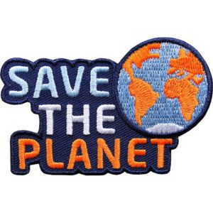Save the Planet Patch orange. Aufnäher, Patches, Aufbügler, Applikation von Club of Heroes zu den Themen Umweltschutz, Naturschutz, Klimaschutz und den Schutz der Artenvielfalt und Ökosysteme auf dem Planet Erde